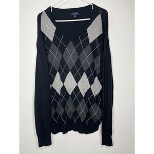 Croft & Barrow Gray Argyle Heathered Men's Large V-Neck Sweater Lightweight